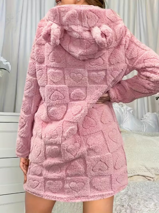 Love Design Fleece Hooded Winter Dress - Warm Loungewear for Home, Travel & All-Season Comfort