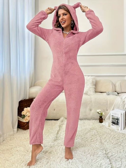 Women’s Plush Fleece Hooded Jumpsuit – Cozy Winter Pajamas with Long Pants