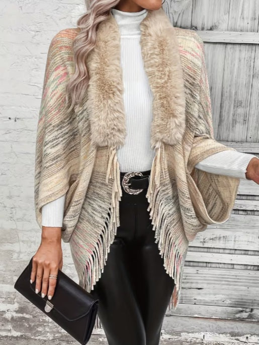 Women’s Rainbow Stripe V-Neck Cardigan with Plush Faux Fur Trim – Stylish Winter Layer