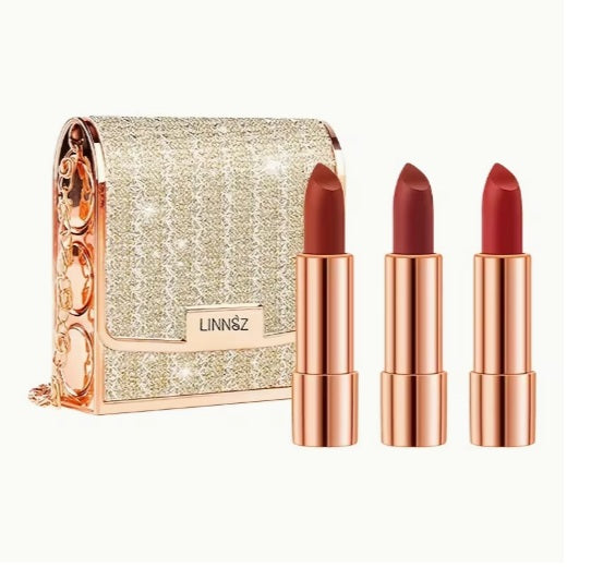 Silver Chain Bag with Velvet Matte Lipstick Set - Long-Lasting, Waterproof & Smudge-Proof Retractable Lipsticks