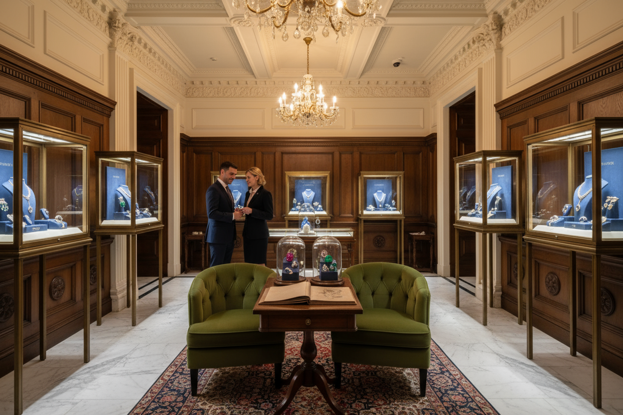 Generate an image of a bespoke jewellery store based in London